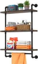 Helsin 24inch Industrial Pipe Shelving Bathroom Shelves Wall Mounted with Towel bar, 2 Tier Rustic Wood Floating Shelf