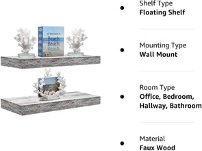 Home Zone Floating Shelf Set - Rustic Wood Coastal Beach Style Hanging Rectangle Wall Shelves for Home Décor, Trophy Display