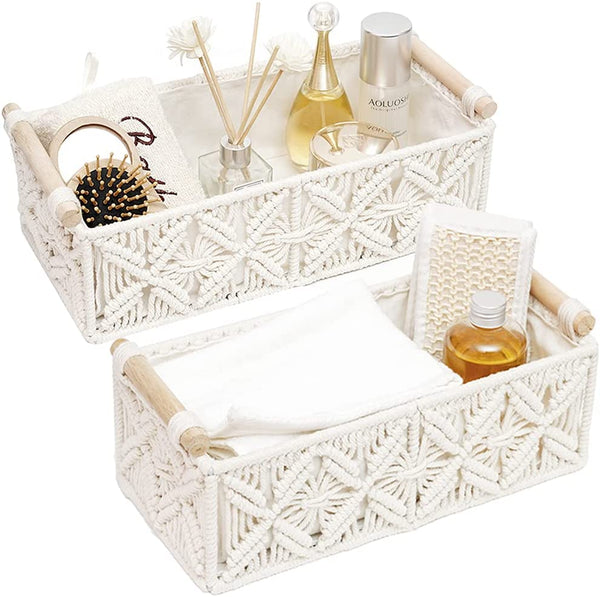 Macrame Storage Basket Boho Decor Baskets for Organizing Woven Decorative Basket for Countertop Toilet Paper Basket for Toilet Tank Top Shelf Basket with Handle for Bathroom Decor Bedroom Nursery Livingroom Entryway (Set of 2,Grey)