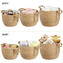mDesign Round Braided Seagrass Woven Storage Basket with Jute Handles -Set of 3 - Natural