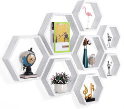 Hexagonal Floating Shelves Wall Mounted, Set of 5 Wood Farmhouse Storage Honeycomb Wall Shelf for Bathroom