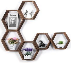 Hexagonal Floating Shelves Wall Mounted, Set of 5 Wood Farmhouse Storage Honeycomb Wall Shelf for Bathroom