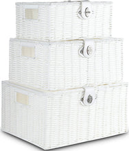 Honygebia White Woven Storage Baskets - Decorative Nesting Boxes with Lids and Locks, Easy Clean (Set of 3)