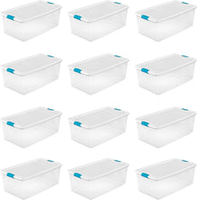 Sterilite Storage System Solution with 106 Quart Clear Stackable Storage Box Organization Containers with White Latching Lid, 12 Pack