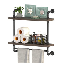 Helsin 24inch Industrial Pipe Shelving Bathroom Shelves Wall Mounted with Towel bar, 2 Tier Rustic Wood Floating Shelf