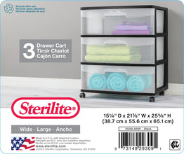 Sterilite Wide 3 Drawer Cart Black